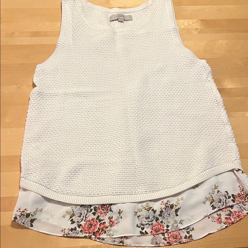 Loft White Knit Tank with Floral Hem